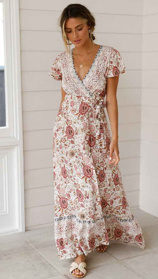 Heidi-Mode | Weinlese Blumen Print Boho Kurzarm Spaltet Maxi Kleider