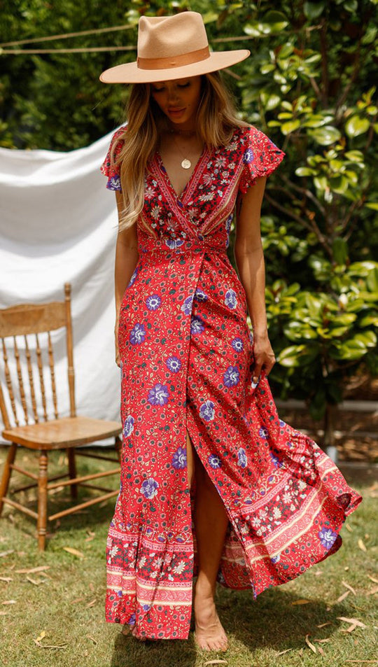 Heidi-Mode | Weinlese Blumen Print Boho Kurzarm Spaltet Maxi Kleider