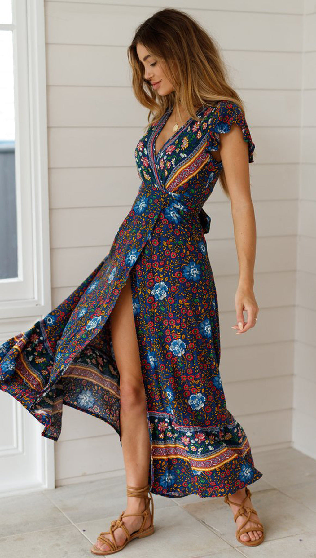 Heidi-Mode | Weinlese Blumen Print Boho Kurzarm Spaltet Maxi Kleider