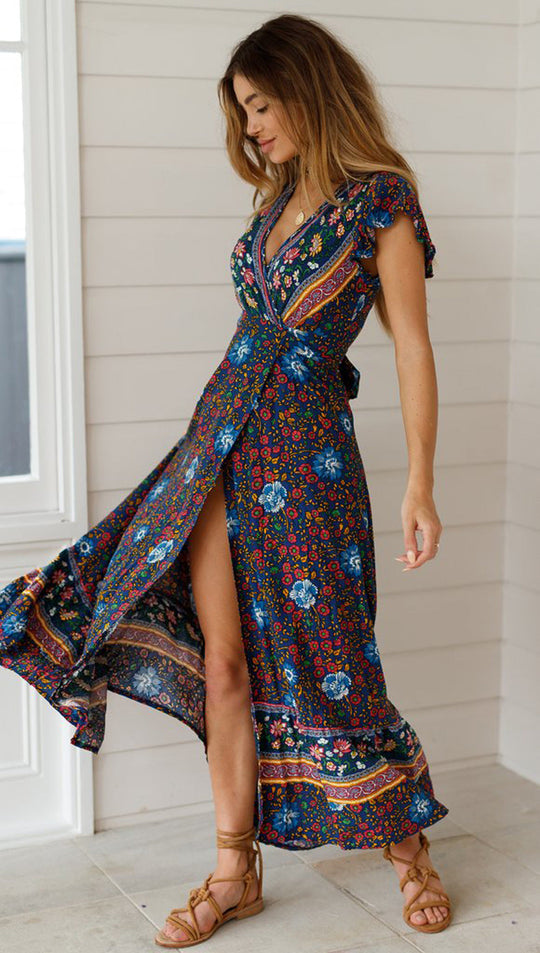 Heidi-Mode | Weinlese Blumen Print Boho Kurzarm Spaltet Maxi Kleider