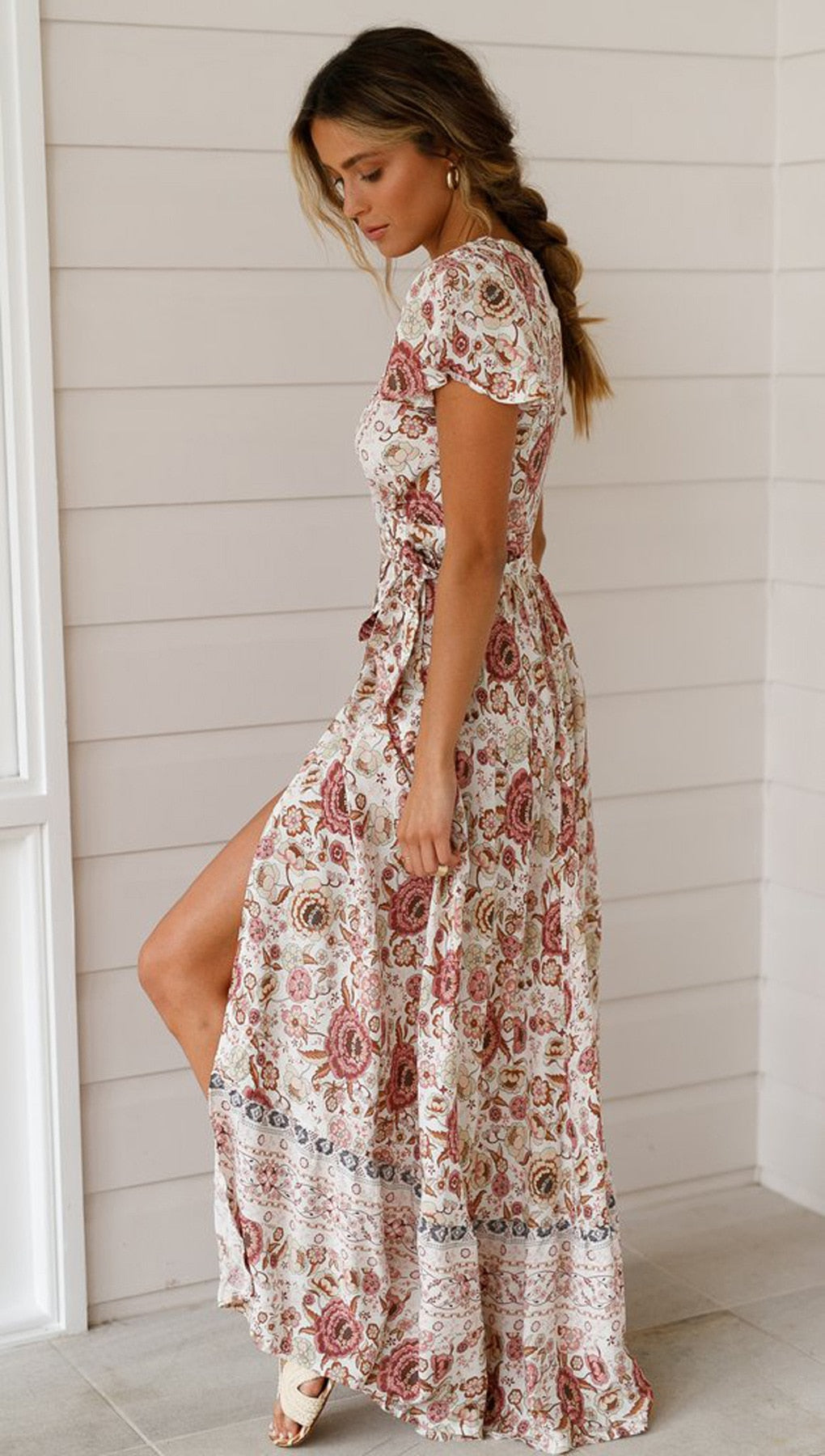 Heidi-Mode | Weinlese Blumen Print Boho Kurzarm Spaltet Maxi Kleider