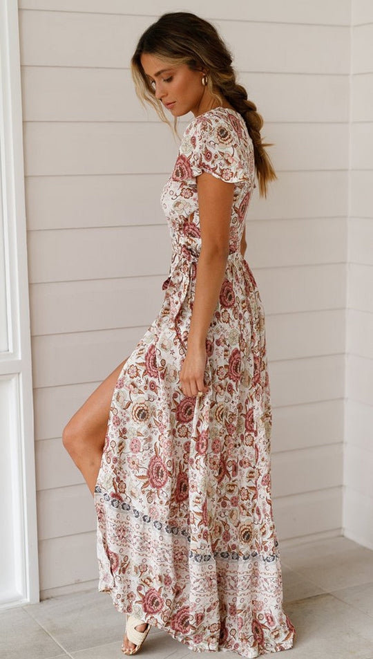 Heidi-Mode | Weinlese Blumen Print Boho Kurzarm Spaltet Maxi Kleider