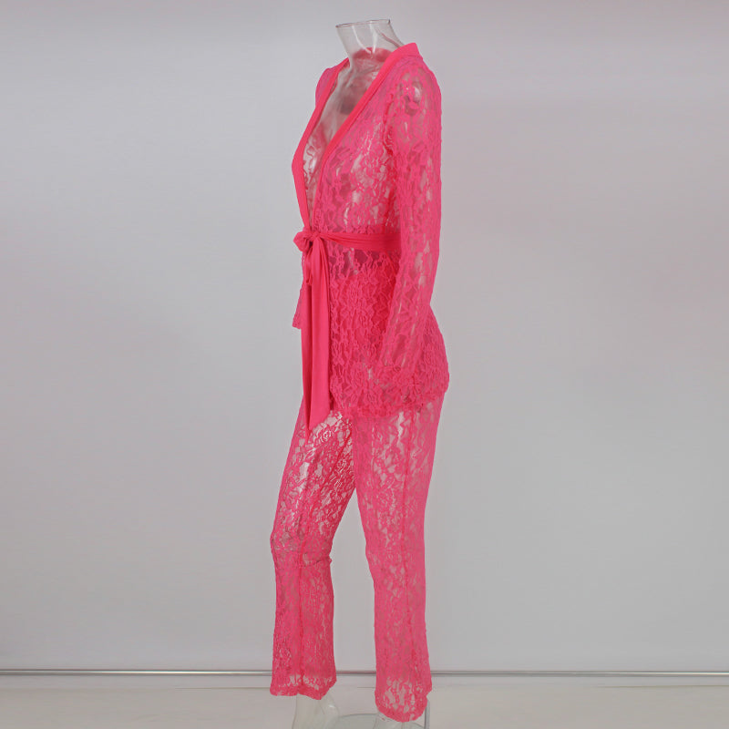Heidi-Mode | Tiefes V-Ausschnitt Spitzen Blazer Jumpsuits