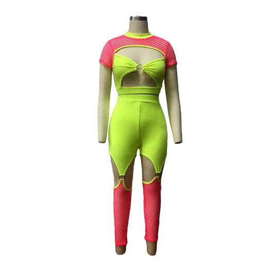 Heidi-Mode | Neon Hohl Crop Top und Hohes Oberschenkelhose Jumpsuits