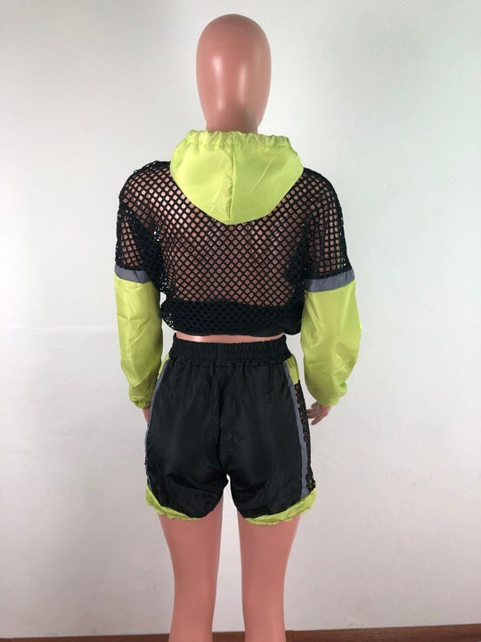 Heidi-Mode | Fishnet Langarm Kapuzenpulli Jacken und Shorts Satzs