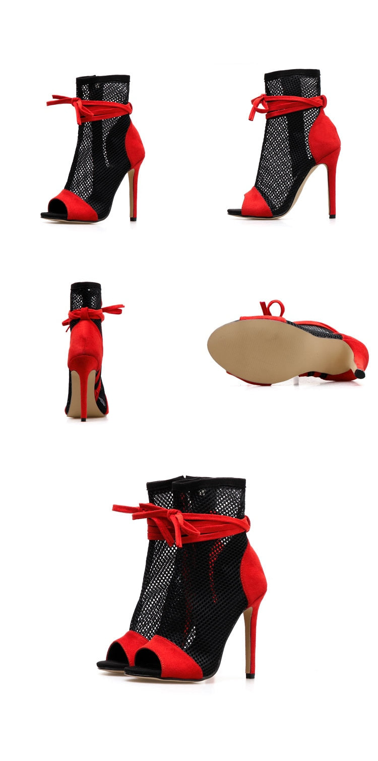 Heidi-Mode | Rot & Schwarz Peep Toe Stiletto Bandage Ankle Boots