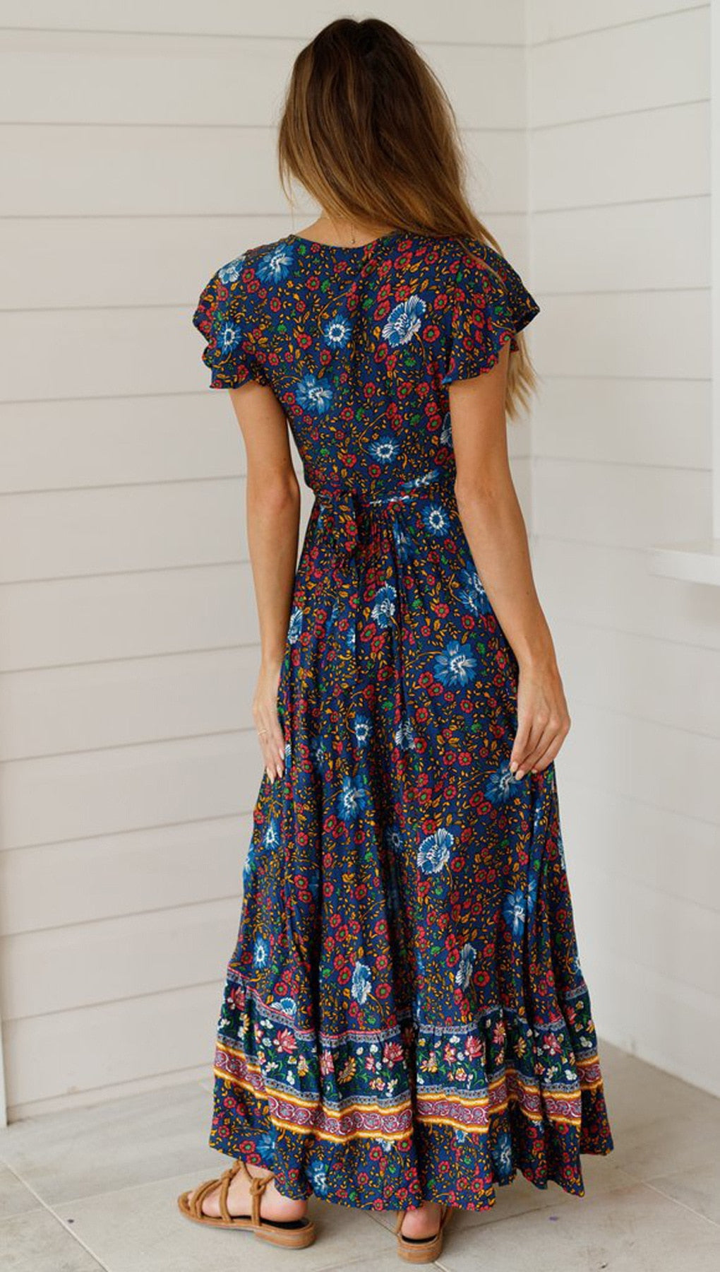 Heidi-Mode | Weinlese Blumen Print Boho Kurzarm Spaltet Maxi Kleider