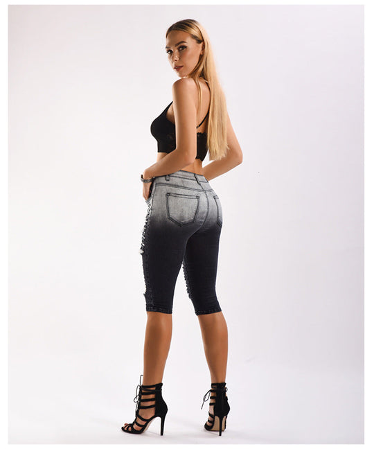Heidi-Mode | Knielange Zerrissene Moto Jeans Shorts