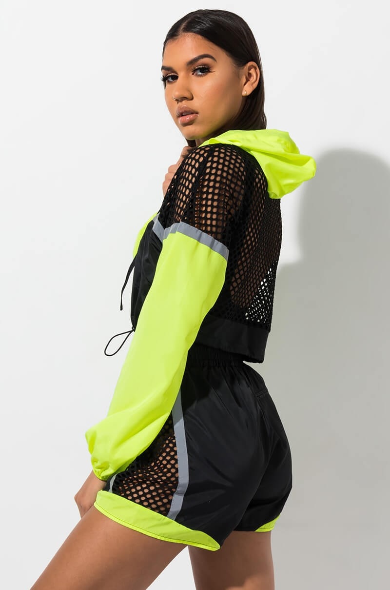 Heidi-Mode | Fishnet Langarm Kapuzenpulli Jacken und Shorts Satzs