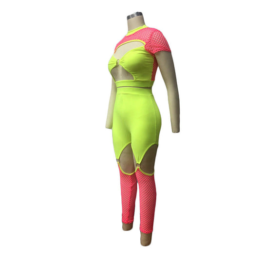 Heidi-Mode | Neon Hohl Crop Top und Hohes Oberschenkelhose Jumpsuits