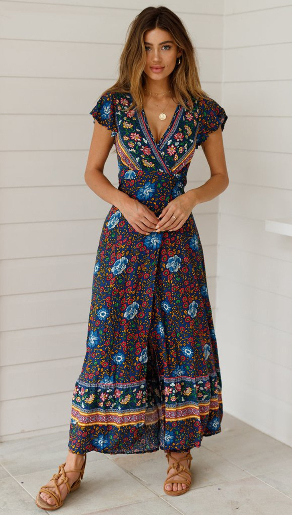 Heidi-Mode | Weinlese Blumen Print Boho Kurzarm Spaltet Maxi Kleider