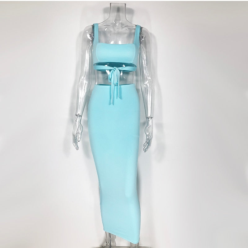 Heidi-Mode | Tank Top Bauch Knoten und Langer Bodycon Rock Satzs