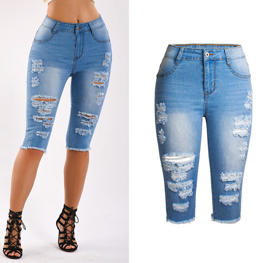 Heidi-Mode | Knielange Zerrissene Moto Jeans Shorts