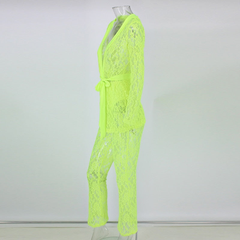 Heidi-Mode | Tiefes V-Ausschnitt Spitzen Blazer Jumpsuits