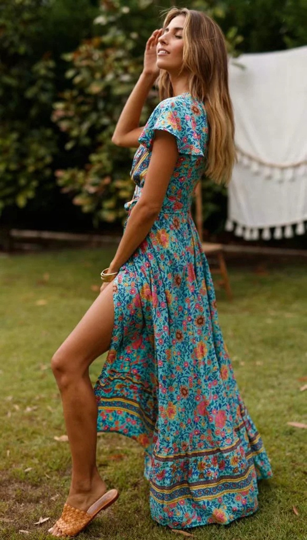 Heidi-Mode | Weinlese Blumen Print Boho Kurzarm Spaltet Maxi Kleider