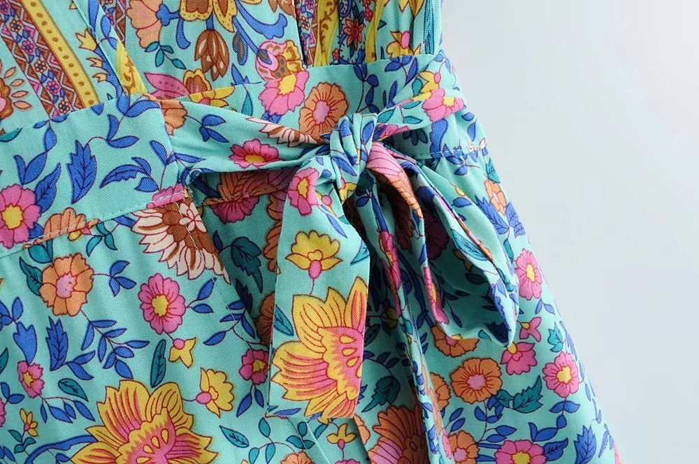Heidi-Mode | Weinlese Blumen Print Boho Kurzarm Spaltet Maxi Kleider