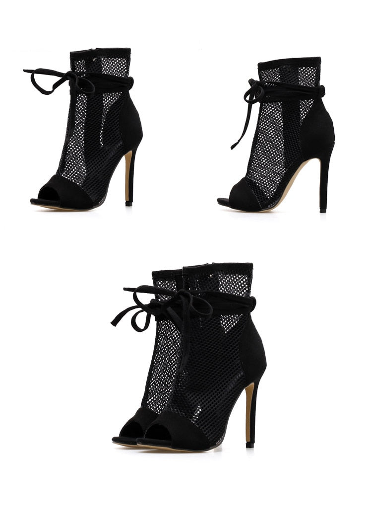 Heidi-Mode | Rot & Schwarz Peep Toe Stiletto Bandage Ankle Boots