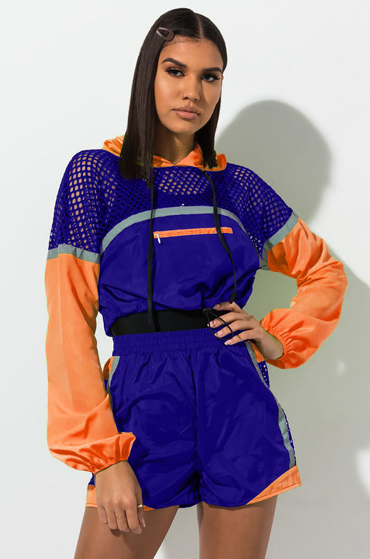 Heidi-Mode | Fishnet Langarm Kapuzenpulli Jacken und Shorts Satzs