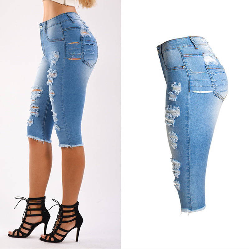 Heidi-Mode | Knielange Zerrissene Moto Jeans Shorts