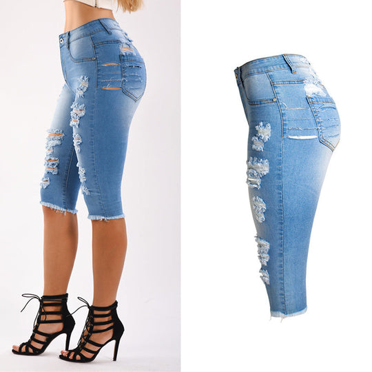 Heidi-Mode | Knielange Zerrissene Moto Jeans Shorts