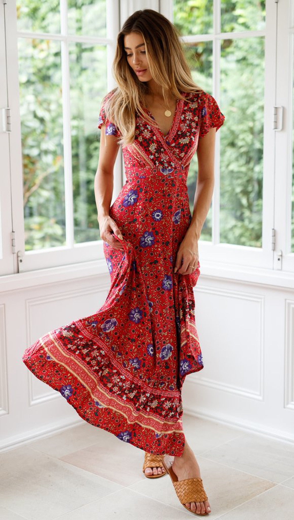 Heidi-Mode | Weinlese Blumen Print Boho Kurzarm Spaltet Maxi Kleider