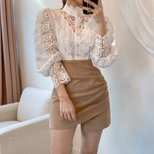 Heidi-Mode | Spitzenbluse mit Stehkragen