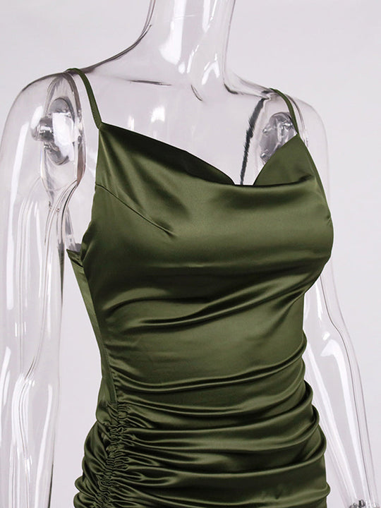 Heidi-Mode | Satin Ärmelloses Rüschen Drawstring Midi Kleider