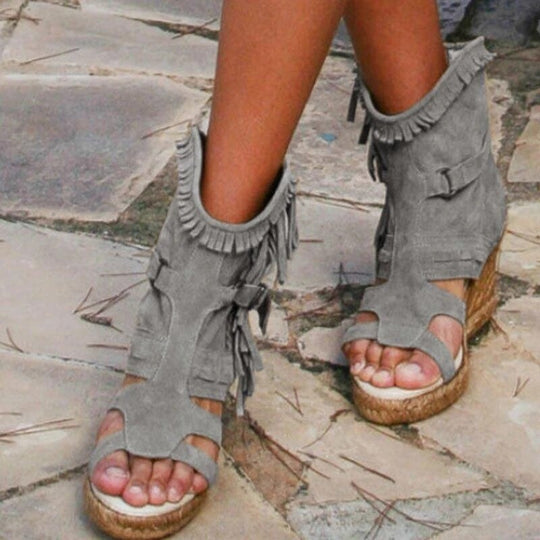 Heidi-Mode | Weinlese PU-Quasten Peeptoe Hohe Keil Sandalen
