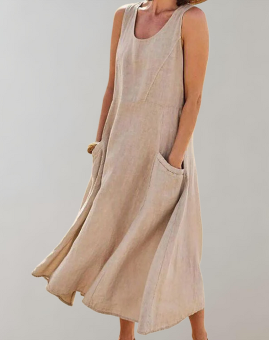 Comfortabele loose fit mouwloze katoenen jurk met een U-hals en zakken