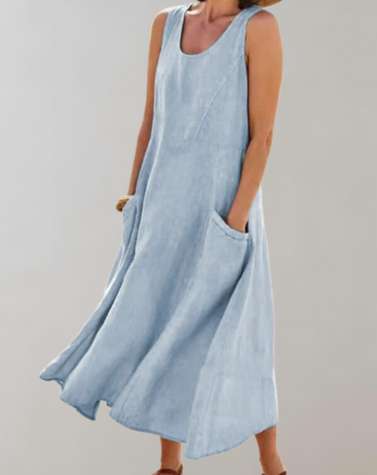 Comfortabele loose fit mouwloze katoenen jurk met een U-hals en zakken