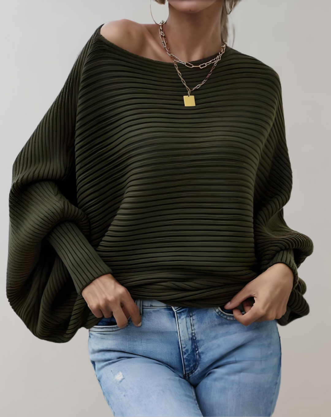 Heidi-Mode | Mooi Aansluitende Trui Met Grote Pofmouwen En Horizontaal Geribbeld Design