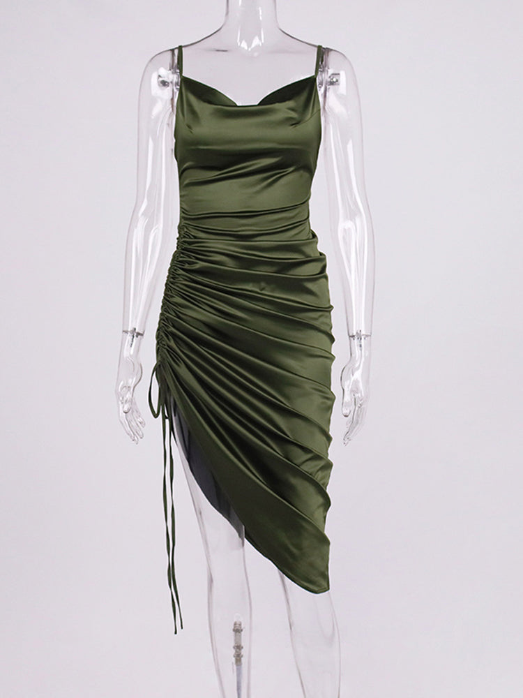 Heidi-Mode | Satin Ärmelloses Rüschen Drawstring Midi Kleider