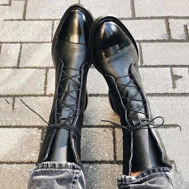 Heidi-Mode | Stiefeletten Lackleder Schnürung Blockabsatz Weinlese Stil