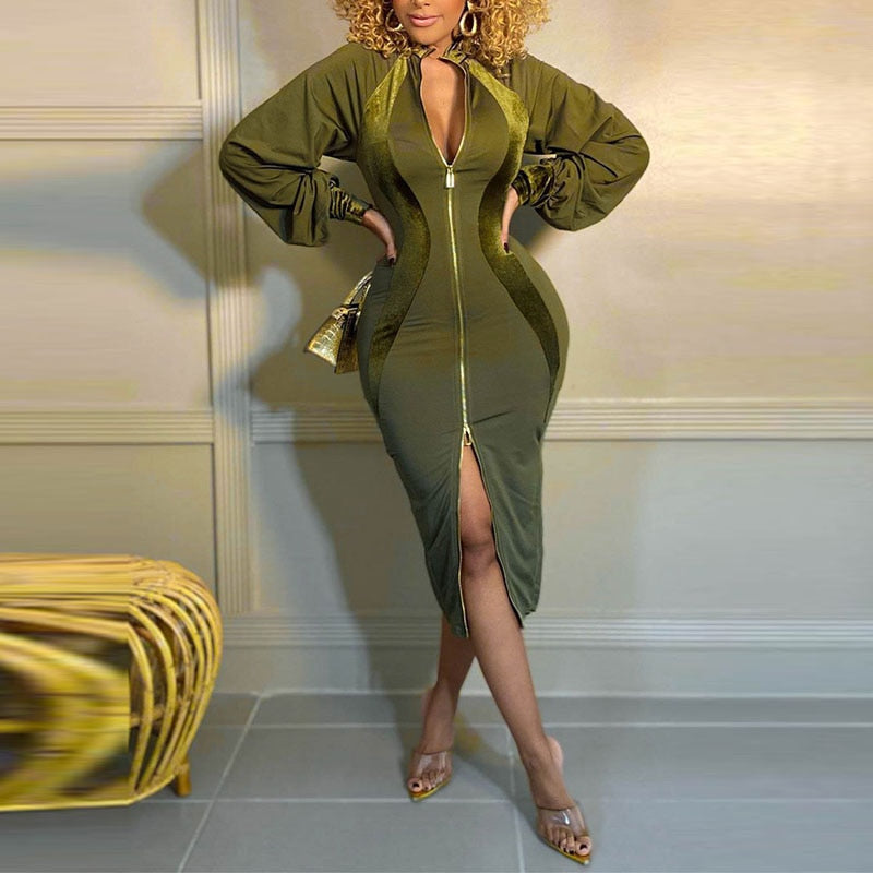 Heidi-Mode | Puff Ärmel Reißverschluss Bodycon Midi Kleider