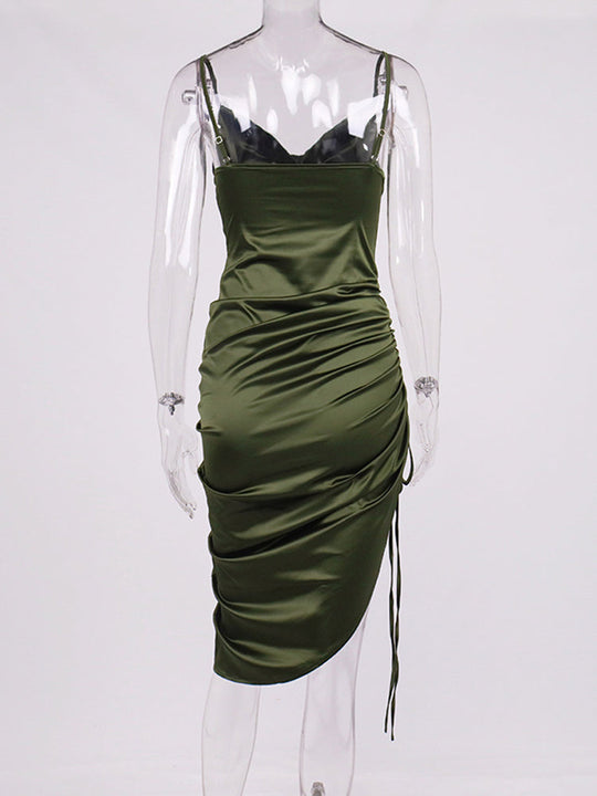 Heidi-Mode | Satin Ärmelloses Rüschen Drawstring Midi Kleider