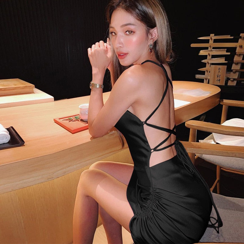Heidi-Mode | Satin Raffung Rückenfreies Bandage Mini Kleider