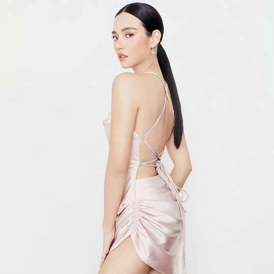 Heidi-Mode | Satin Raffung Rückenfreies Bandage Mini Kleider