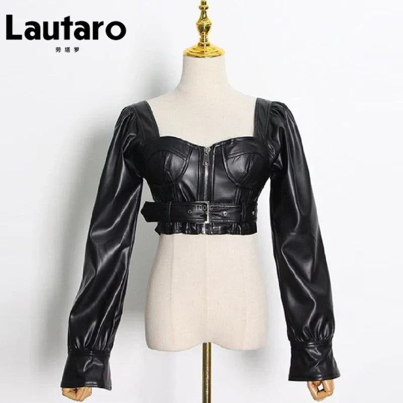 Heidi-Mode | Lautaro Y2K Schwarz Fauxleder Crop Top Frauen Quadrat-Ausschnitt Lange Ärmel Reißverschluss Beschnittene Jacke Sexy Rückenfrei Mode 5Xl 6Xl