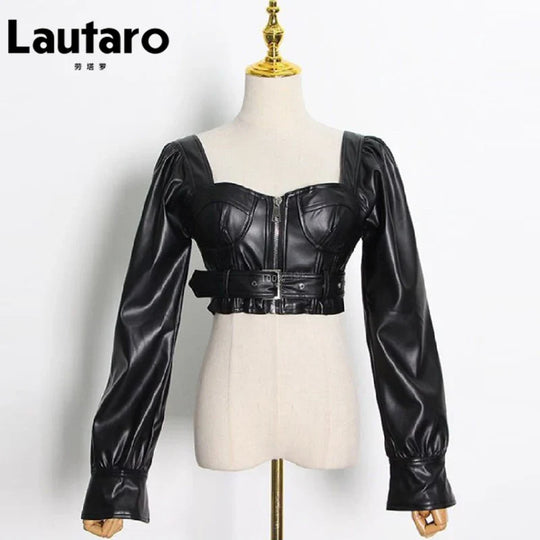 Heidi-Mode | Lautaro Y2K Schwarz Fauxleder Crop Top Frauen Quadrat-Ausschnitt Lange Ärmel Reißverschluss Beschnittene Jacke Sexy Rückenfrei Mode 5Xl 6Xl