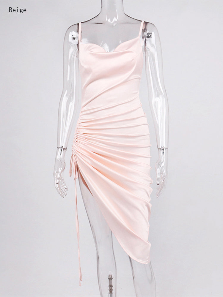 Heidi-Mode | Satin Ärmelloses Rüschen Drawstring Midi Kleider