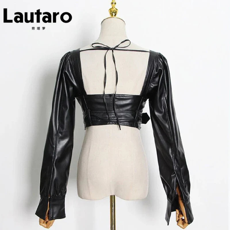 Heidi-Mode | Lautaro Y2K Schwarz Fauxleder Crop Top Frauen Quadrat-Ausschnitt Lange Ärmel Reißverschluss Beschnittene Jacke Sexy Rückenfrei Mode 5Xl 6Xl