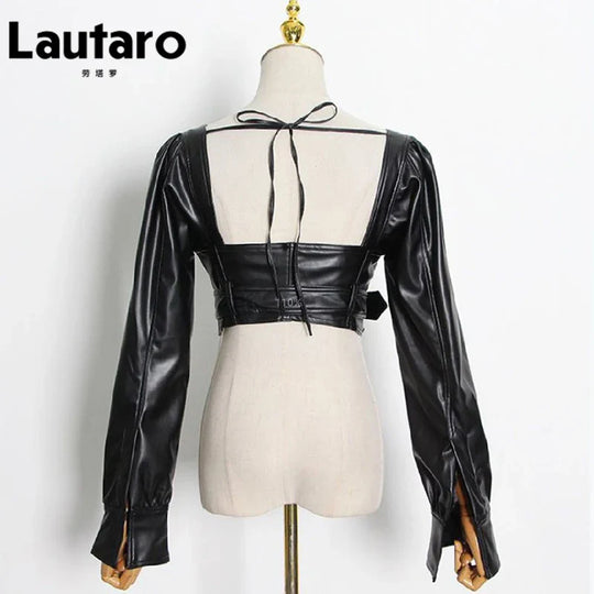 Heidi-Mode | Lautaro Y2K Schwarz Fauxleder Crop Top Frauen Quadrat-Ausschnitt Lange Ärmel Reißverschluss Beschnittene Jacke Sexy Rückenfrei Mode 5Xl 6Xl