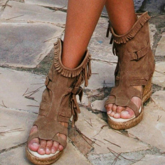 Heidi-Mode | Weinlese PU-Quasten Peeptoe Hohe Keil Sandalen