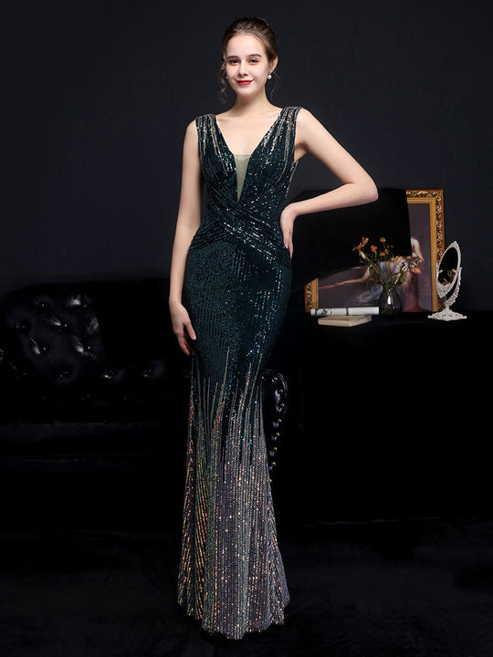 Heidi-Mode | Ärmellose V-Ausschnitt Paillettenkleid Maxi