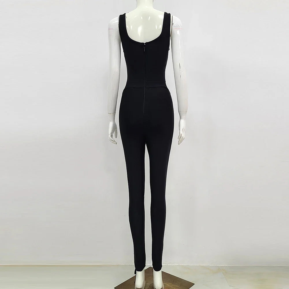 Heidi-Mode | Schwarz Weiß Ärmellos Weben Rayon Bandage Jumpsuit Cocktailparty Bodycon Jumpsuit Vestidos