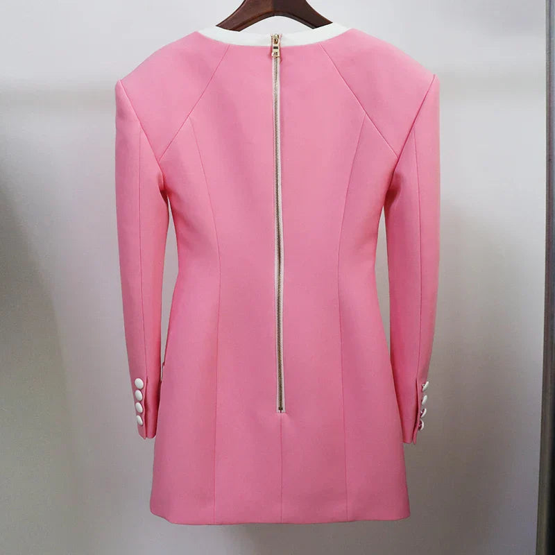 Heidi-Mode | Designer Kleid Frauen Extra Schulter Quadratkragen Lange Ärmel Doppelreihe Farbblock Mini Kleid