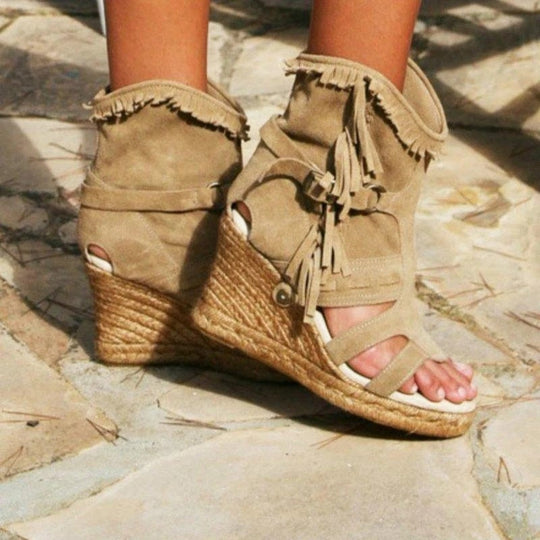 Heidi-Mode | Weinlese PU-Quasten Peeptoe Hohe Keil Sandalen