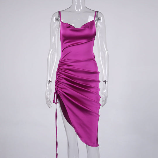 Heidi-Mode | Satin Ärmelloses Rüschen Drawstring Midi Kleider