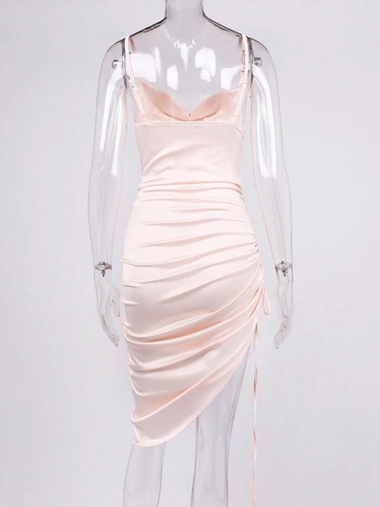 Heidi-Mode | Satin Ärmelloses Rüschen Drawstring Midi Kleider