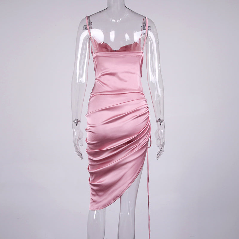 Heidi-Mode | Satin Ärmelloses Rüschen Drawstring Midi Kleider